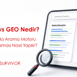 SEO vs GEO farkını ve 2026 arama motoru pazarlamasını gösteren, üzerinde geleneksel arama sonuçları ile yapay zekâ özet yanıtı ekranı bulunan Survivor Dijital blog kapak görseli.