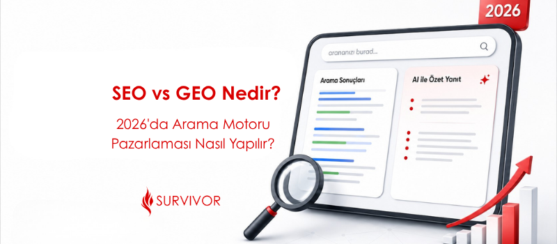SEO vs GEO farkını ve 2026 arama motoru pazarlamasını gösteren, üzerinde geleneksel arama sonuçları ile yapay zekâ özet yanıtı ekranı bulunan Survivor Dijital blog kapak görseli.